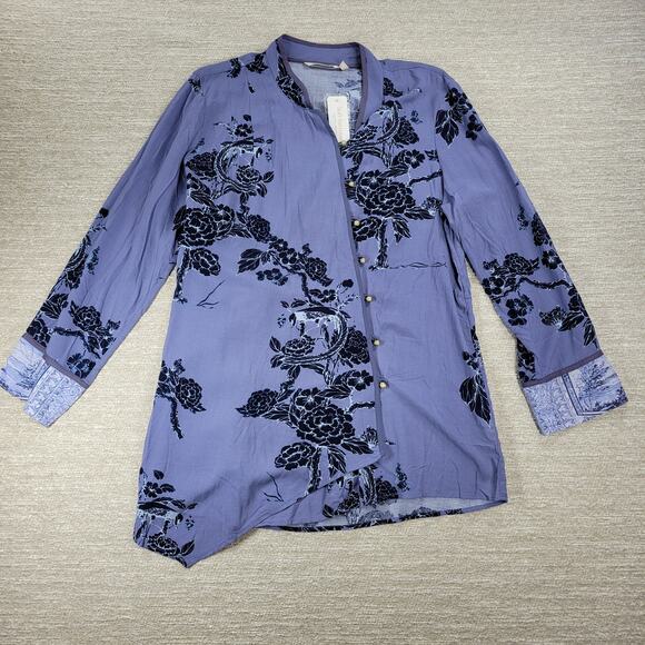 Soft Surroundings Tranquil Blooms Kimono Shirt XL Blue Floral Velvet Burnout New - Picture 1 of 14
